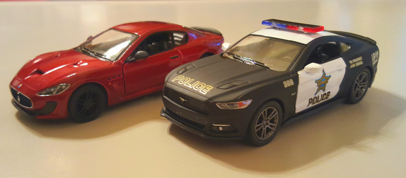 Kinsmart pullback Maserati for the wife and police Mustang for me. To pull her car over when she speeds. :)